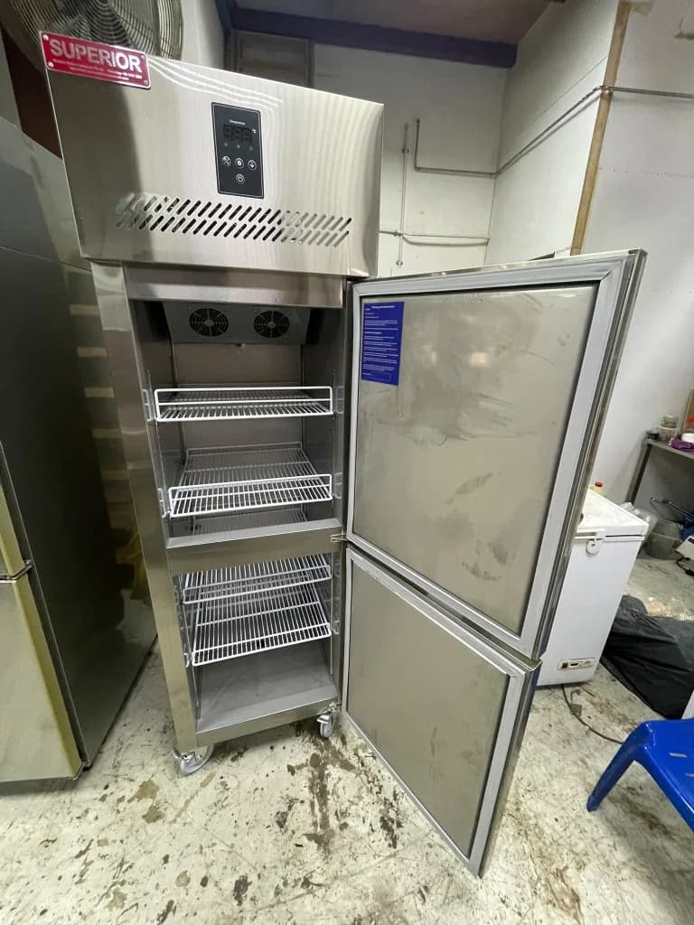 Superior 2-door commercial chiller interior view showing wire racks and dual circulation fan blowers Singapore